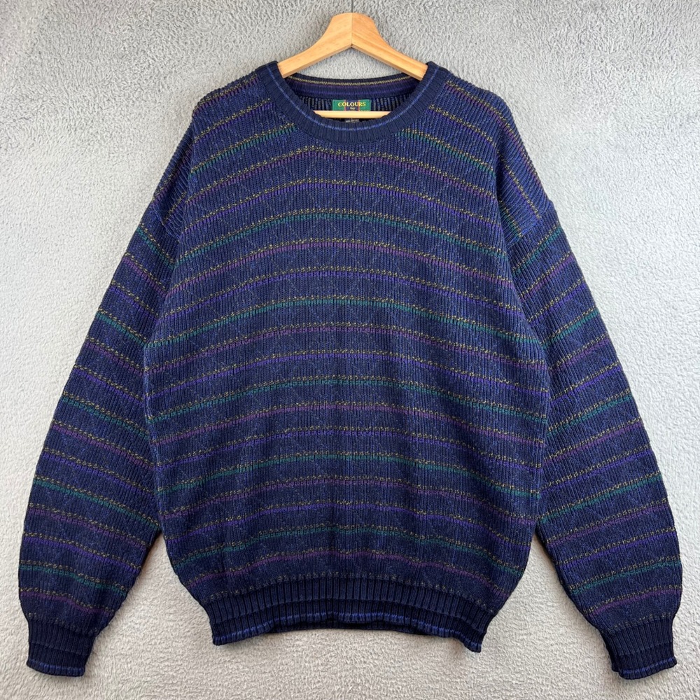 VTG Colours by Alexander Julian Mens L Blue Striped Cotton Crewneck Sweater USA